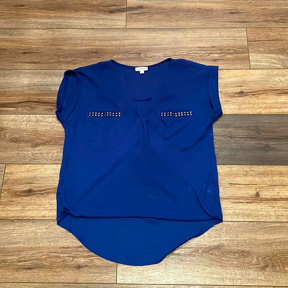 Women’s Guess Royal Blue Short Sleeve Blouse With Gold Pocket Accents